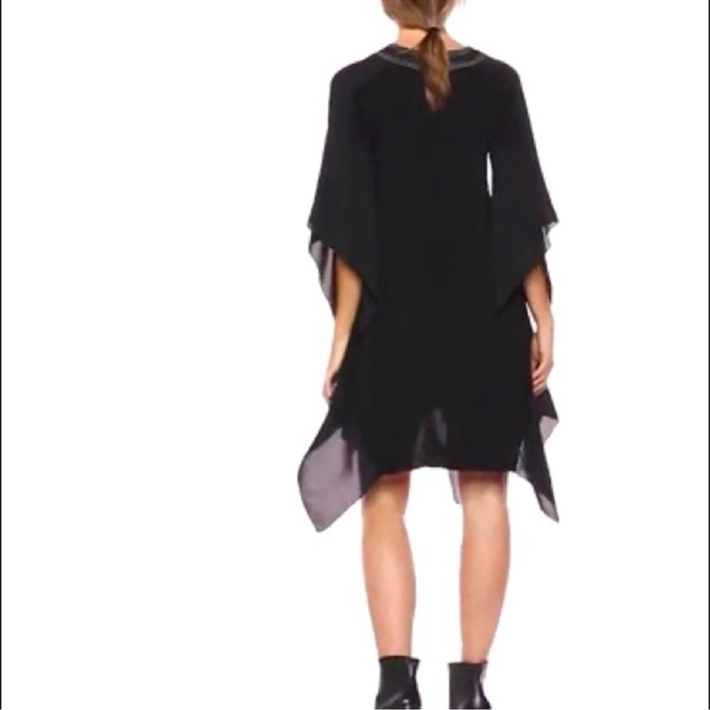 BCBG Max Azria Black Embroidered Caftan Dress Handkerchief Hem Kimono Sleeve - Picture 2 of 12